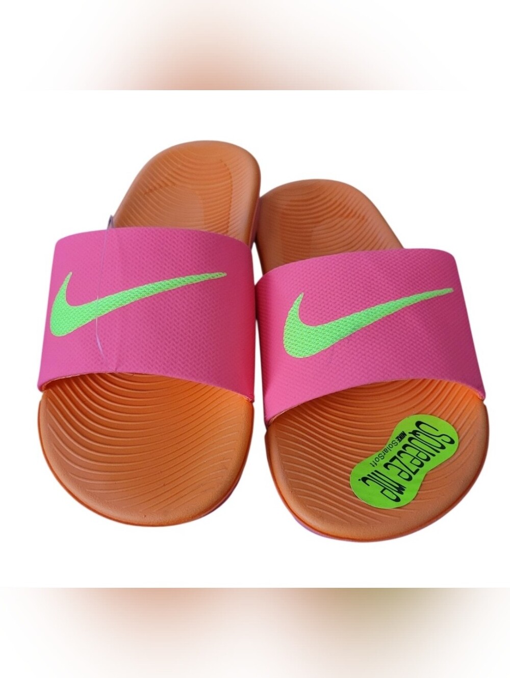Nike Pink & Green Slide Sandals on Orange Footbed